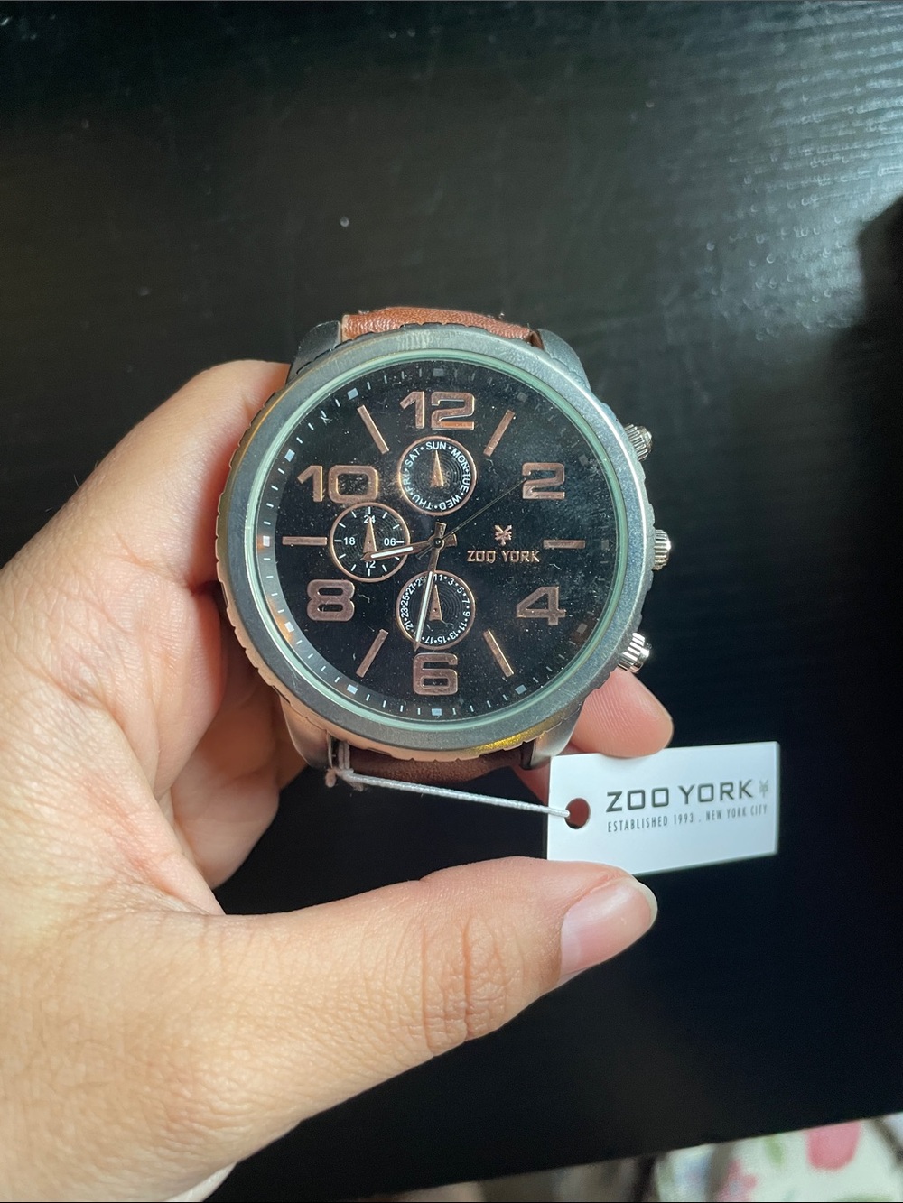 Zoo York Brown Leather Strap Watch with Black Dial and Copper Accents